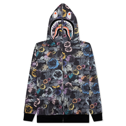 Floral Camo Shark Relaxed Fit Full Zip Hoodie Black