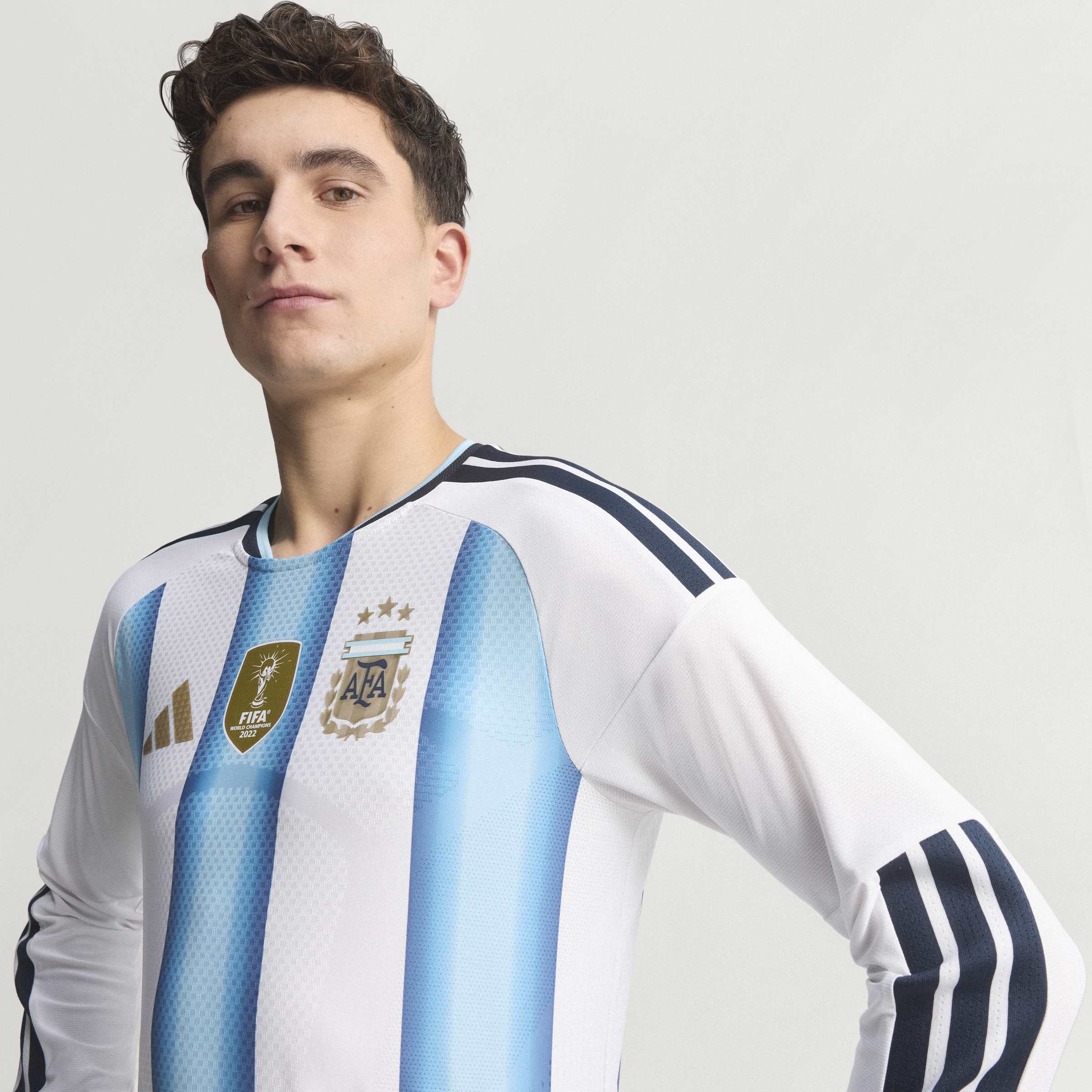 adidas Argentina Home Authentic Long Sleeve Mens Soccer Jersey 26 White Blue