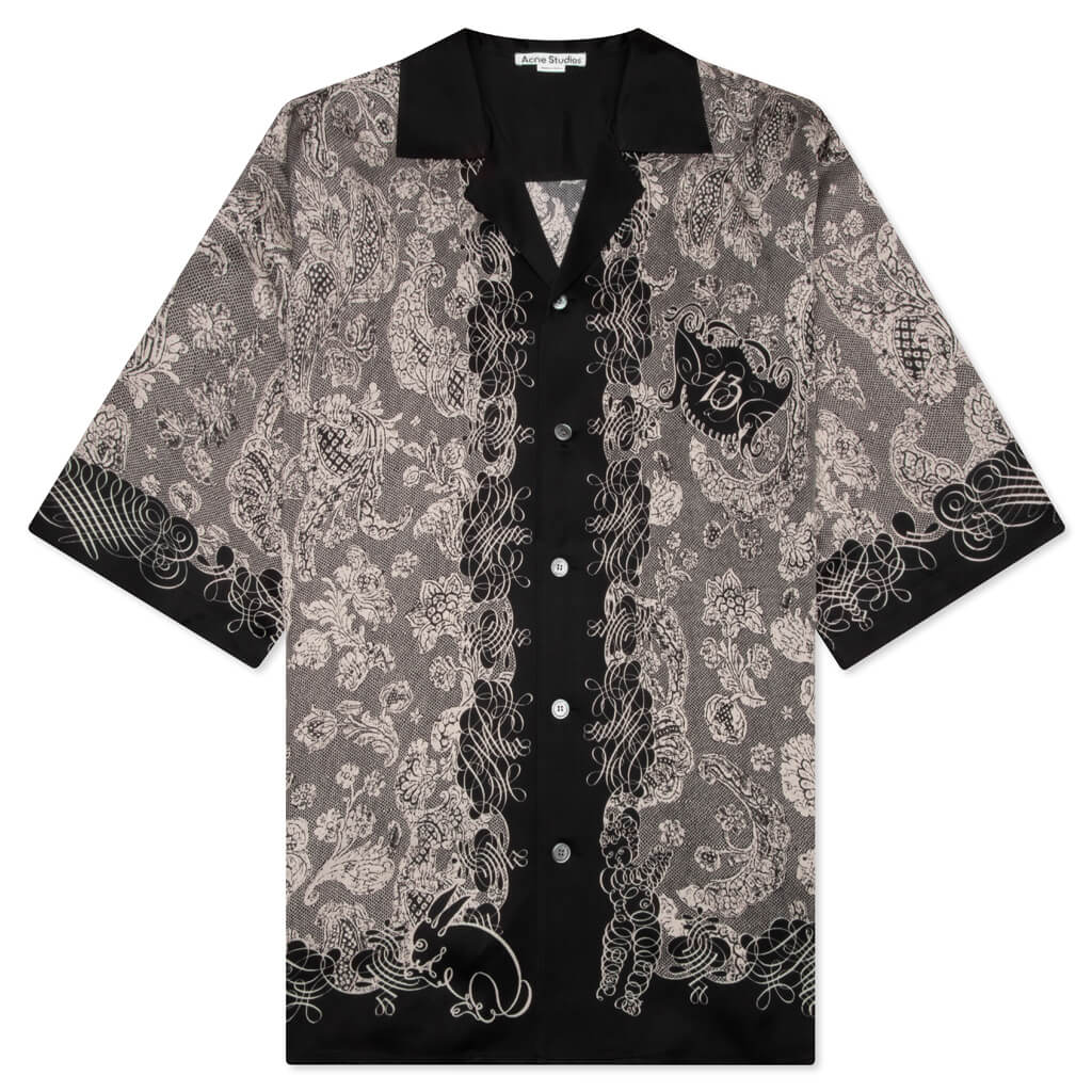 Short Sleeve Button Down Shirt Black Ecru