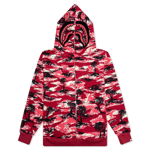 Palm Tree Camo Relaxed Fit Shark Full Zip Hoodie Red