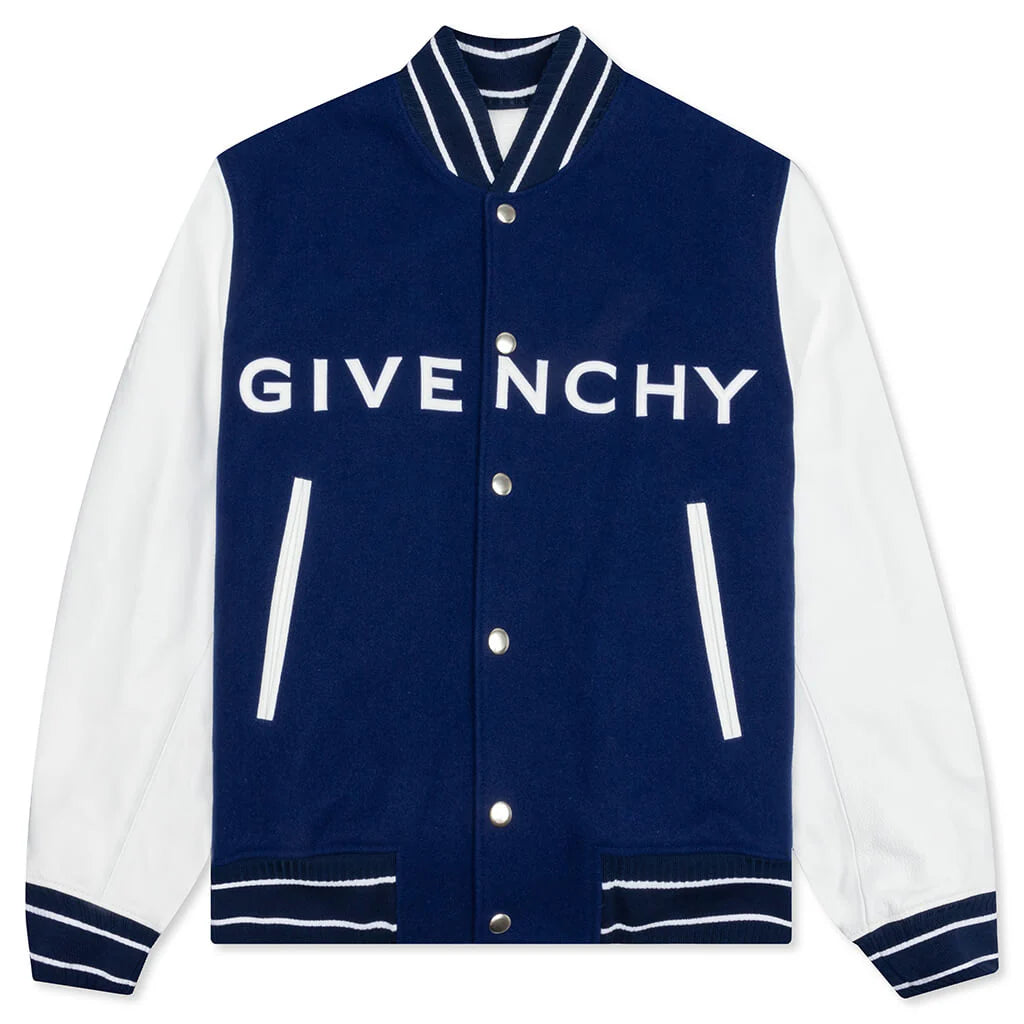 Big Varsity Bomber in Wool and Leather Blue White