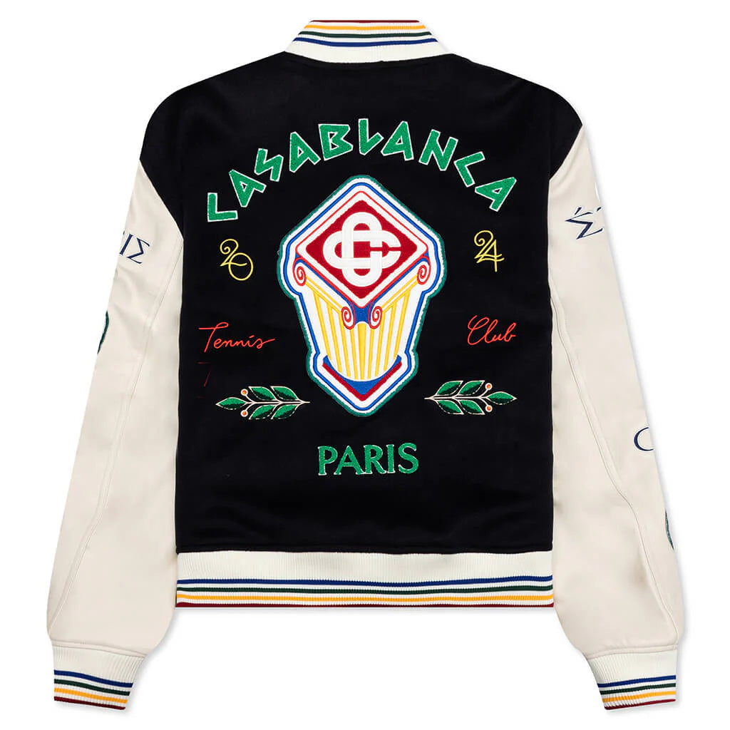 Chenille Embroidered Patchwork Bomber Jacket Navy Off White
