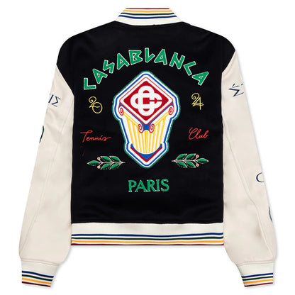 Chenille Embroidered Patchwork Bomber Jacket Navy Off White