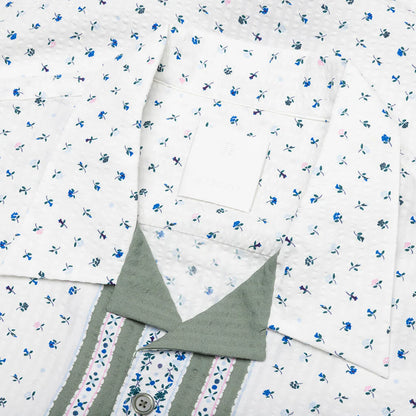 Floral Print Boxy Fit Shirt in Cotton Seersucker Cream Green