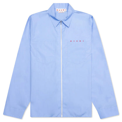 Organic Poplin Zip Shirt With Hidden Logo Iris Blue