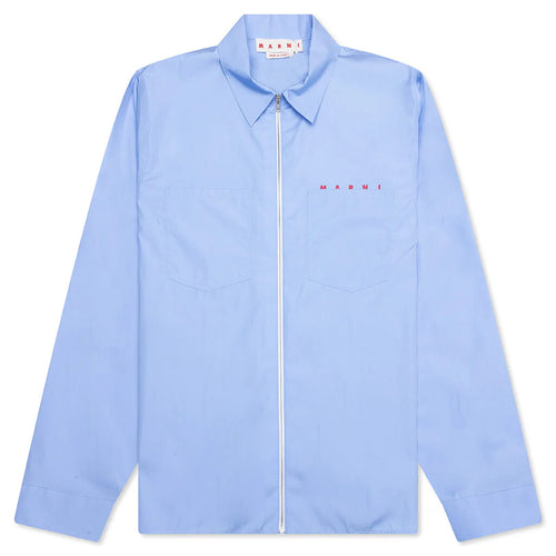 Organic Poplin Zip Shirt With Hidden Logo Iris Blue