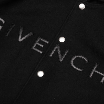 Hooded Varsity Jacket in Wool and Leather Black