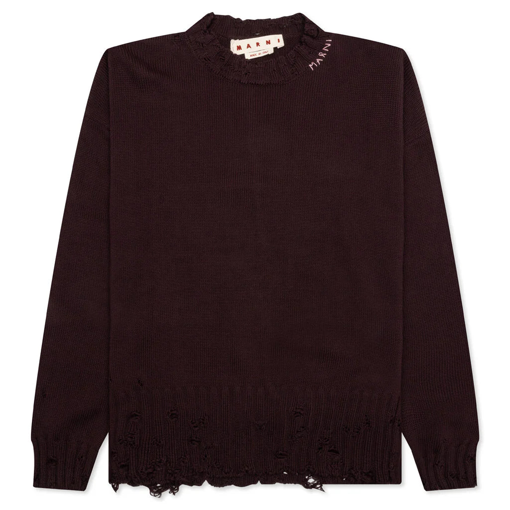 Round Neck Distressed Sweater Dark Raisin