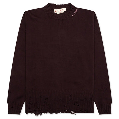 Round Neck Distressed Sweater Dark Raisin