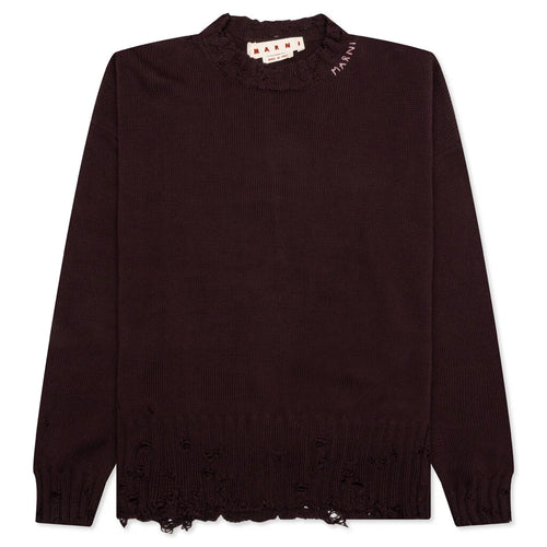 Round Neck Distressed Sweater Dark Raisin
