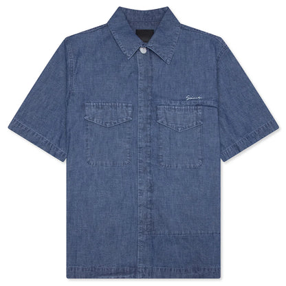 Logo Embroidered Short Sleeve Shirt Denim Blue