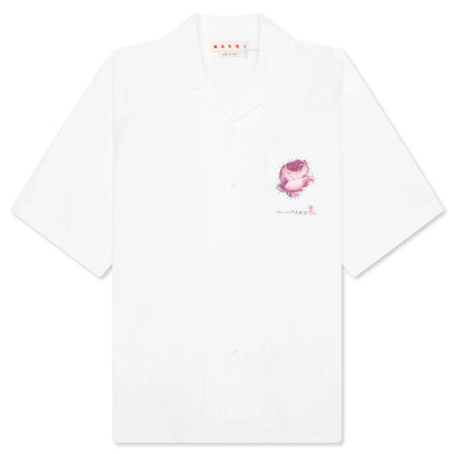 White Organic Poplin Bowling Shirt with Flower Patch Lily White