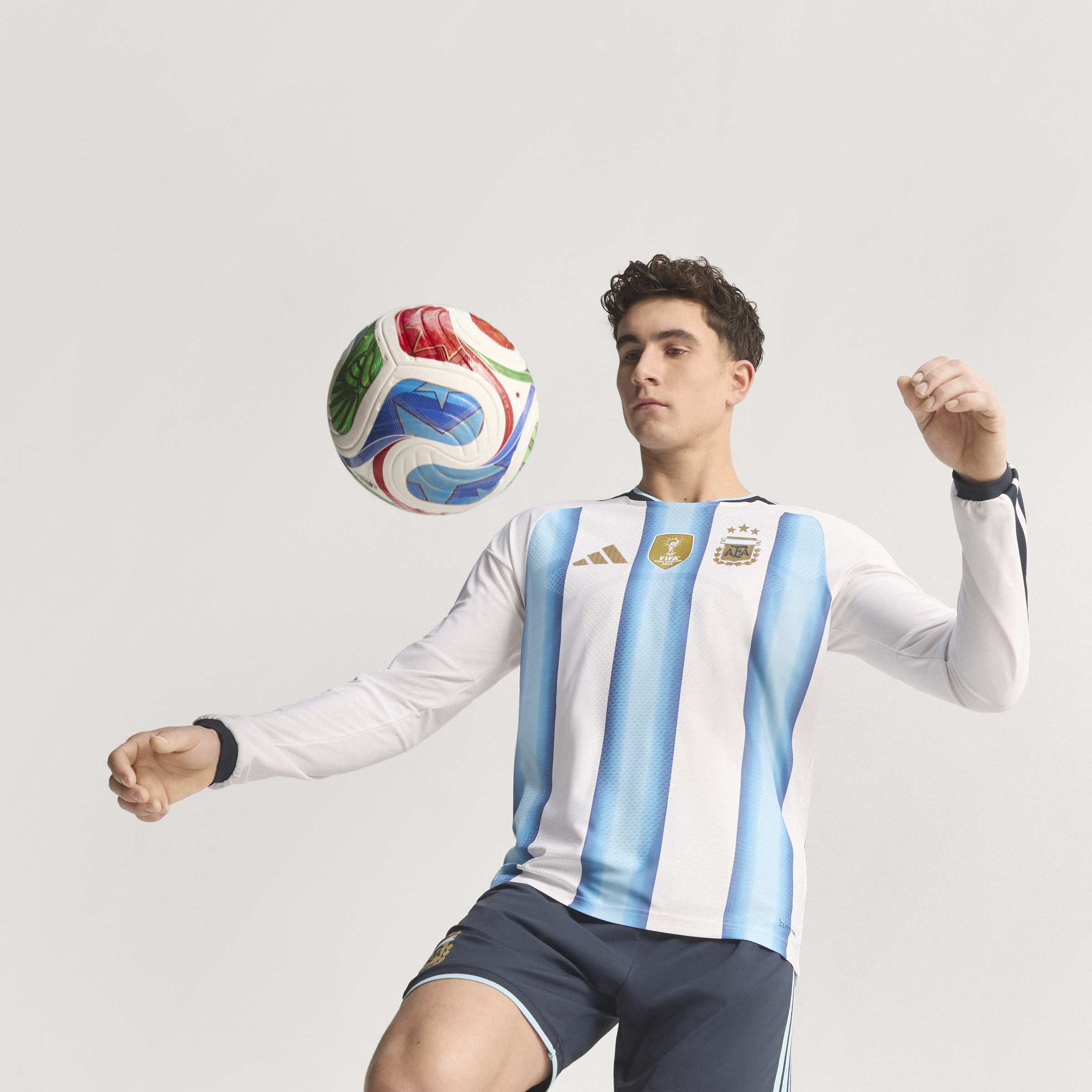 adidas Argentina Home Authentic Long Sleeve Mens Soccer Jersey 26 White Blue