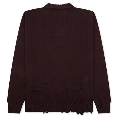 Round Neck Distressed Sweater Dark Raisin