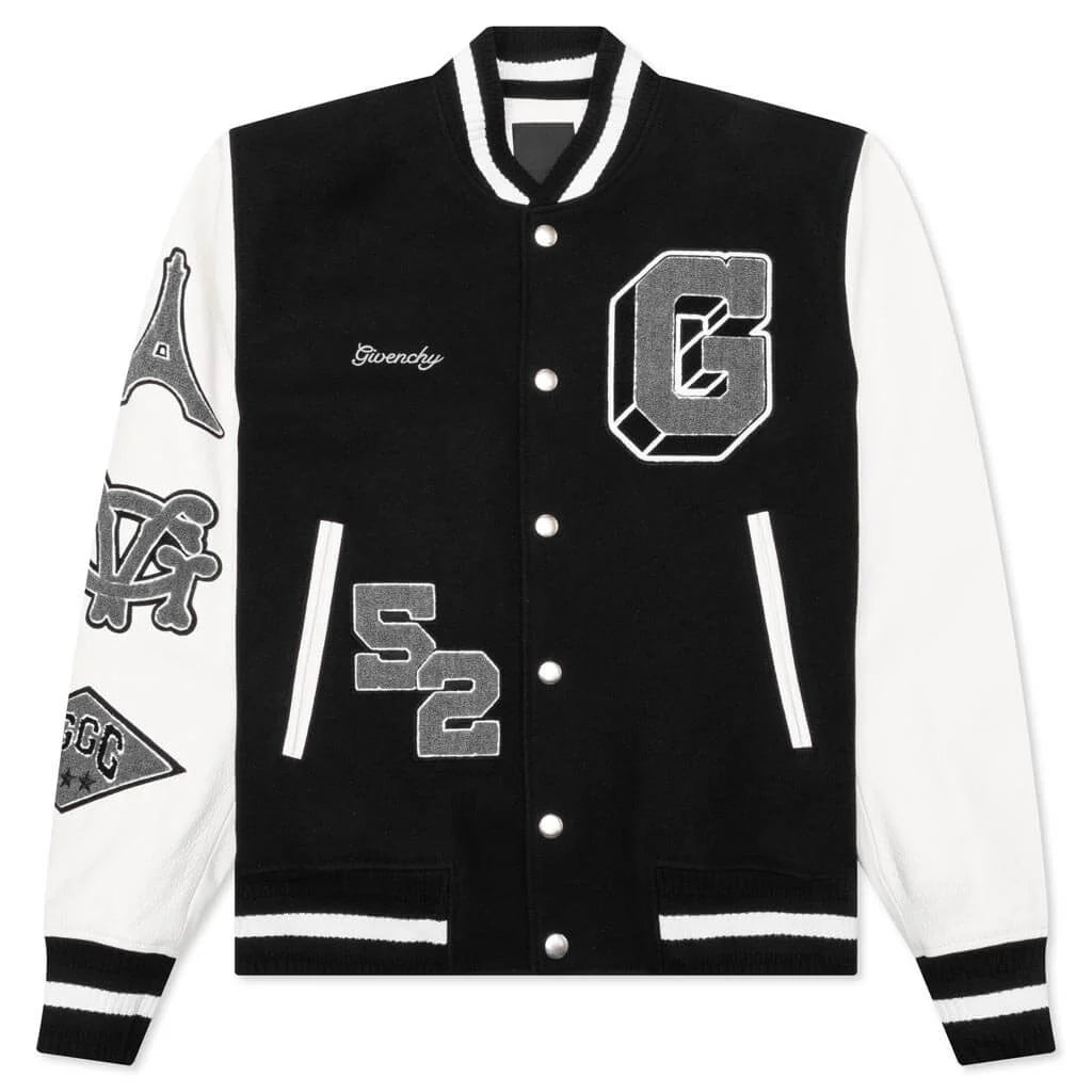 Varsity Bomber Jacket w Patches Black White