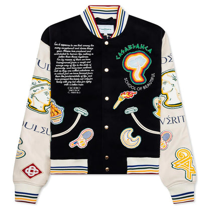 Chenille Embroidered Patchwork Bomber Jacket Navy Off White