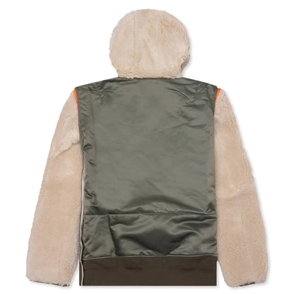 Faux Shearling Nylon Twill Blouson Khaki Ecru