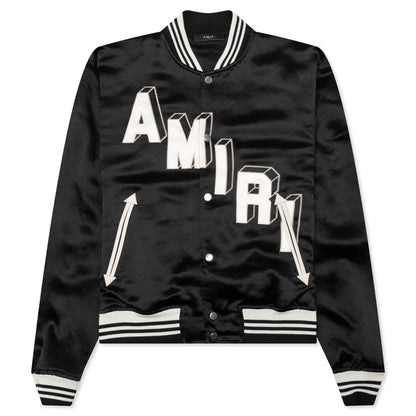 Satin Cropped Varsity Jacket Black