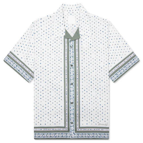 Floral Print Boxy Fit Shirt in Cotton Seersucker Cream Green