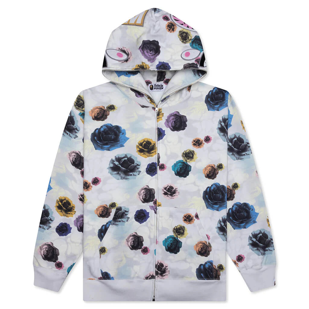Floral Camo Shark Relaxed Fit Full Zip Hoodie Ivory