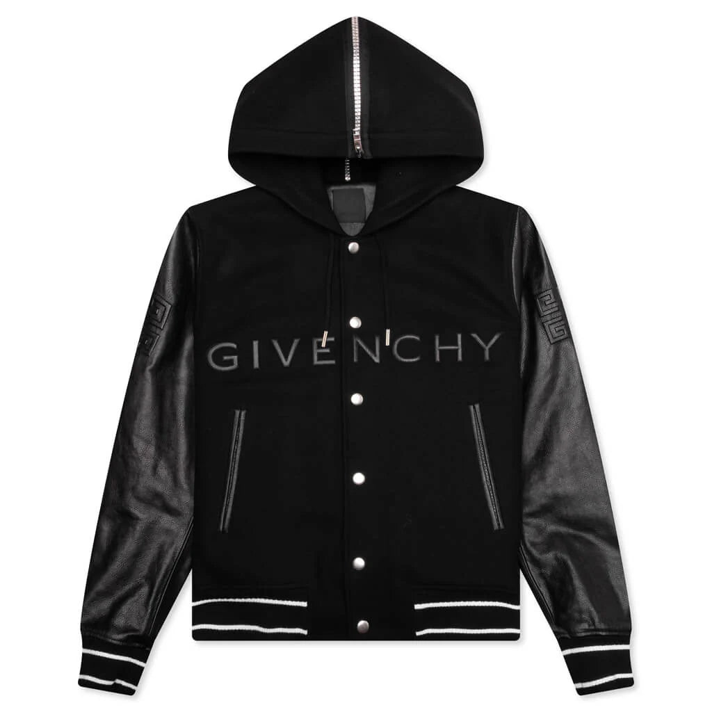 Hooded Varsity Jacket in Wool and Leather Black