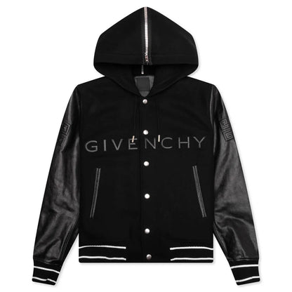 Hooded Varsity Jacket in Wool and Leather Black