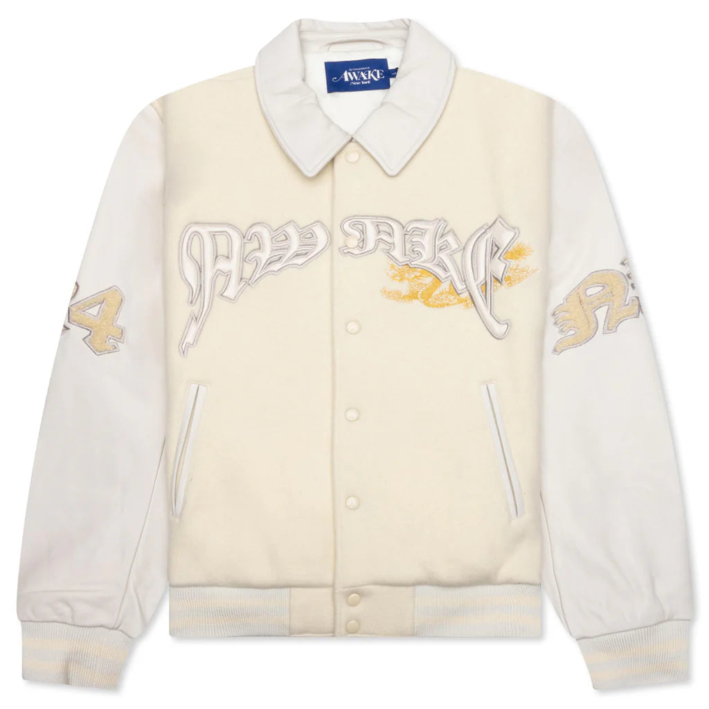 Dragon Embroidered Varsity Jacket Off White