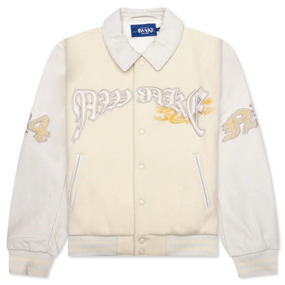 Dragon Embroidered Varsity Jacket Off White