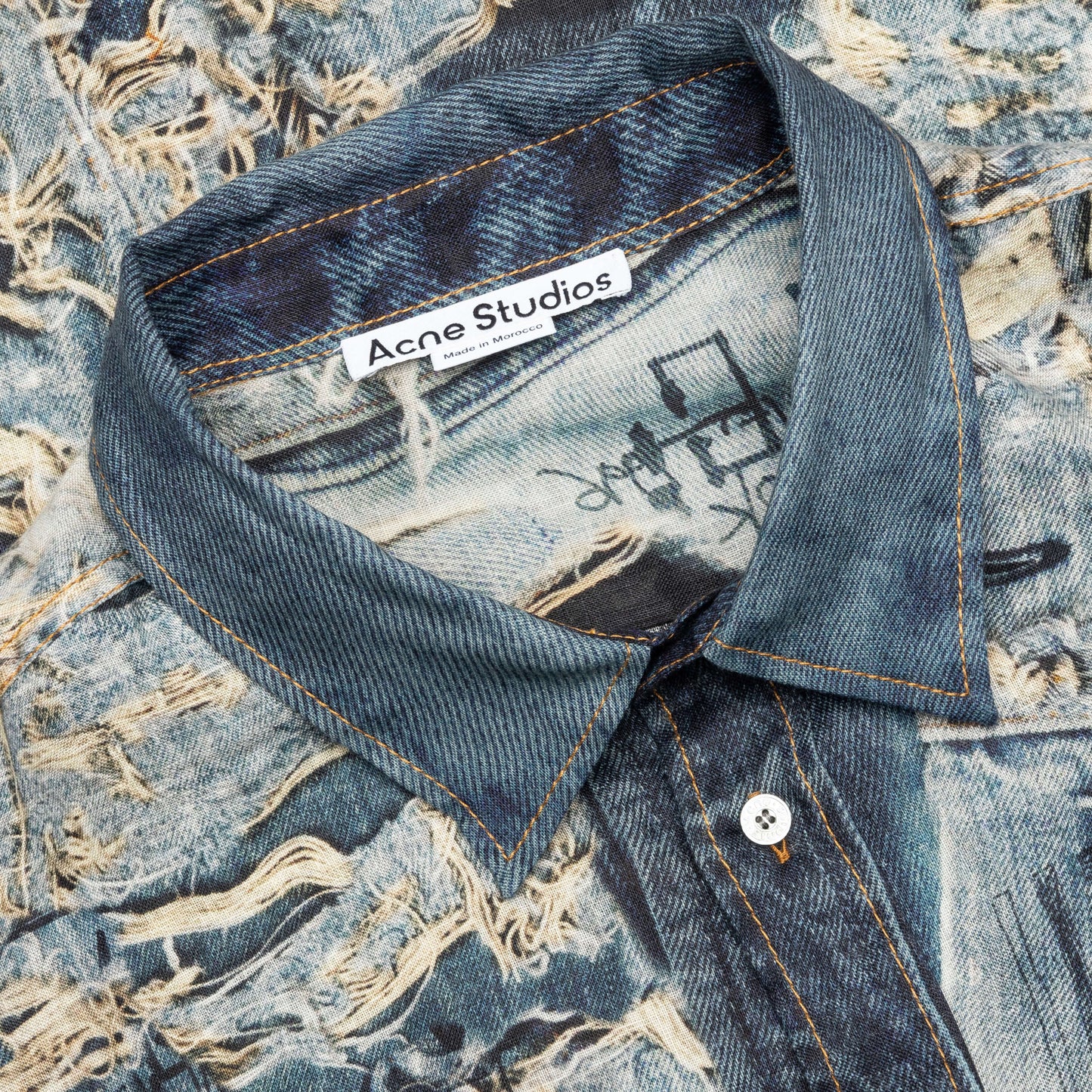 Trompe Loeil Distressed Denim Print Button Up Fn Mn Shir000872 Denim Blue