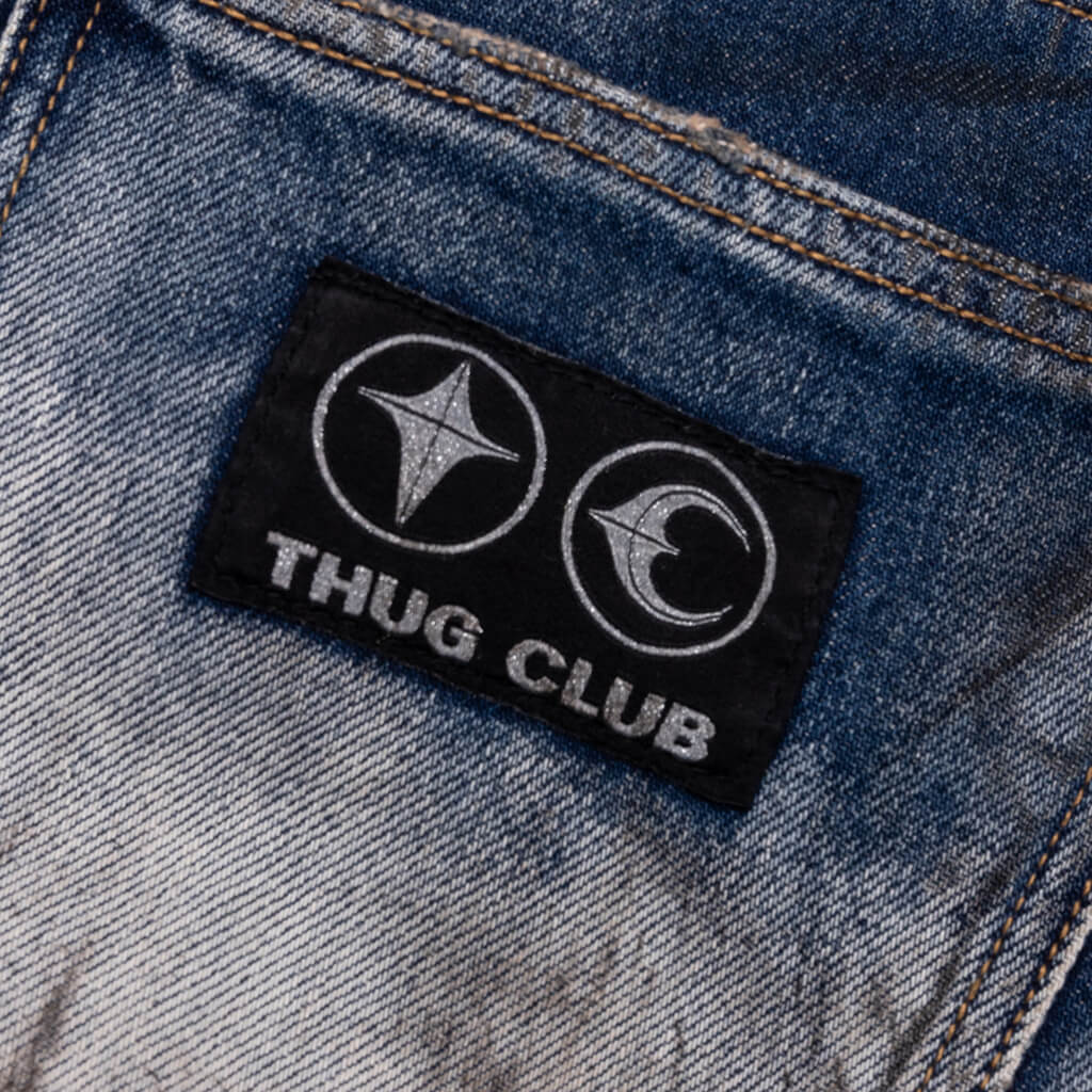 Hard Washed Damaged Denim Pants Blue