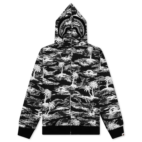 Palm Tree Camo Relaxed Fit Shark Full Zip Hoodie Black