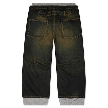 Sweat Pants Combined Denim Pants Indigo