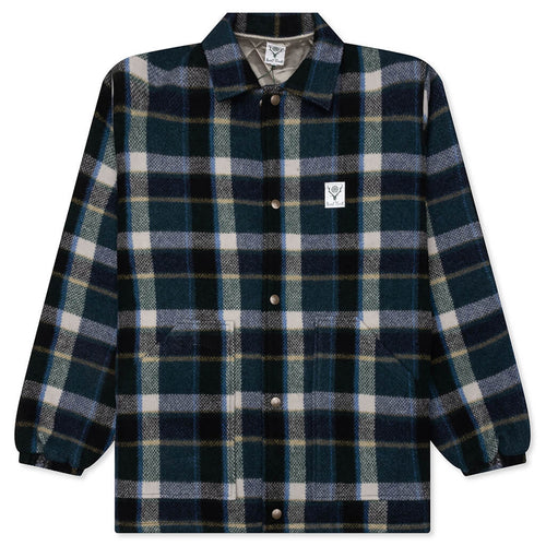 Wool Melton Plaid Coach Jacket Green