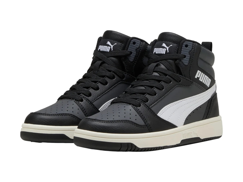 Tenis PUMA Rebound V6 Mid Blanco y Gris para Niño