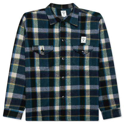Smokey Wool Melton Plaid Shirt Green