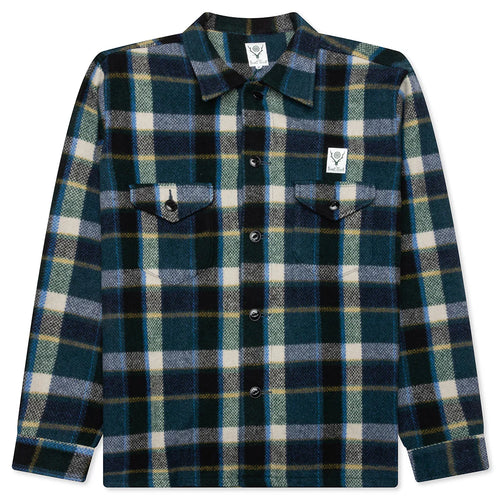 Smokey Wool Melton Plaid Shirt Green