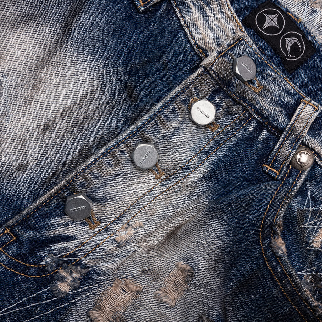 Hard Washed Damaged Denim Pants Blue