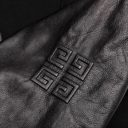 Hooded Varsity Jacket in Wool and Leather Black