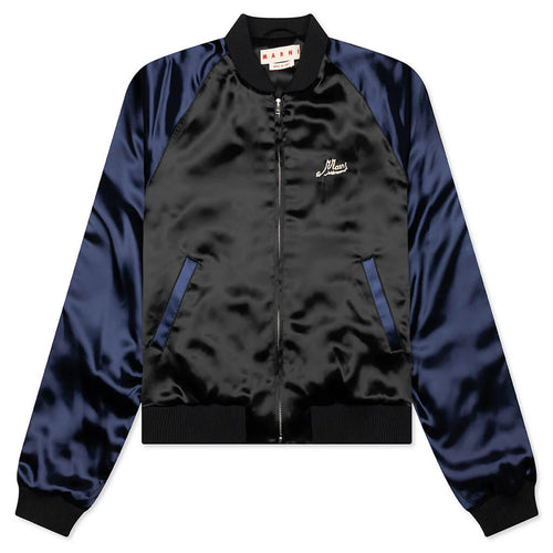 Black Satin Bomber with Beaded Logo Black