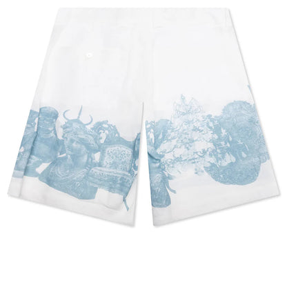 Linen Bermuda Hawaiian Shorts with Hubert Objects Print Blue White