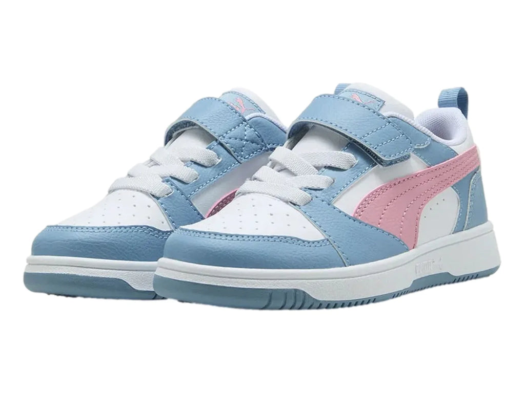 Tenis PUMA Rebound V6 Lo AC Blanco Rosa y Azul para Niña
