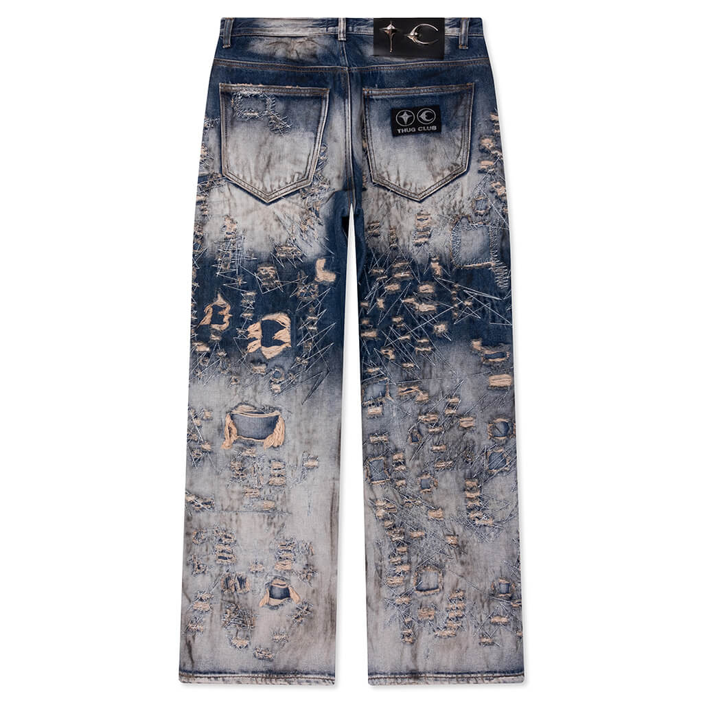Hard Washed Damaged Denim Pants Blue