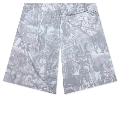 Linen Bermuda Swim Shorts with Hubert Objects Print Prussian Blue Grey