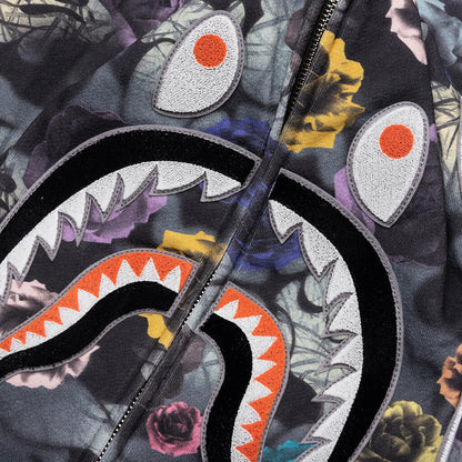 Floral Camo Shark Relaxed Fit Full Zip Hoodie Black