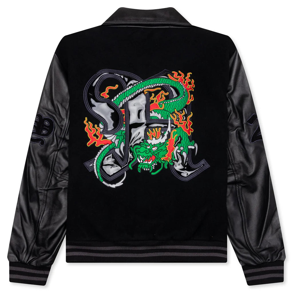 Dragon Embroidered Varsity Jacket Black