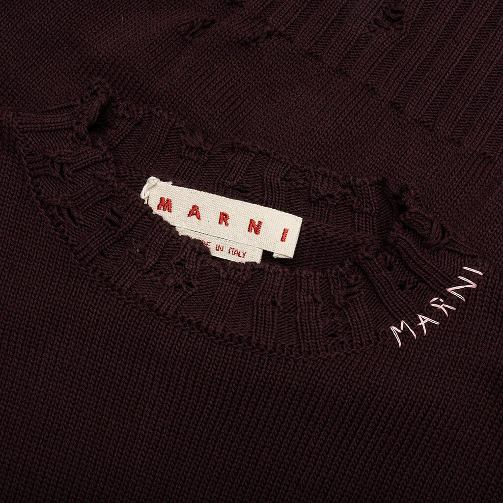 Round Neck Distressed Sweater Dark Raisin