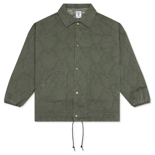 Coach Jacket Skull Quilting Herringbone Olive